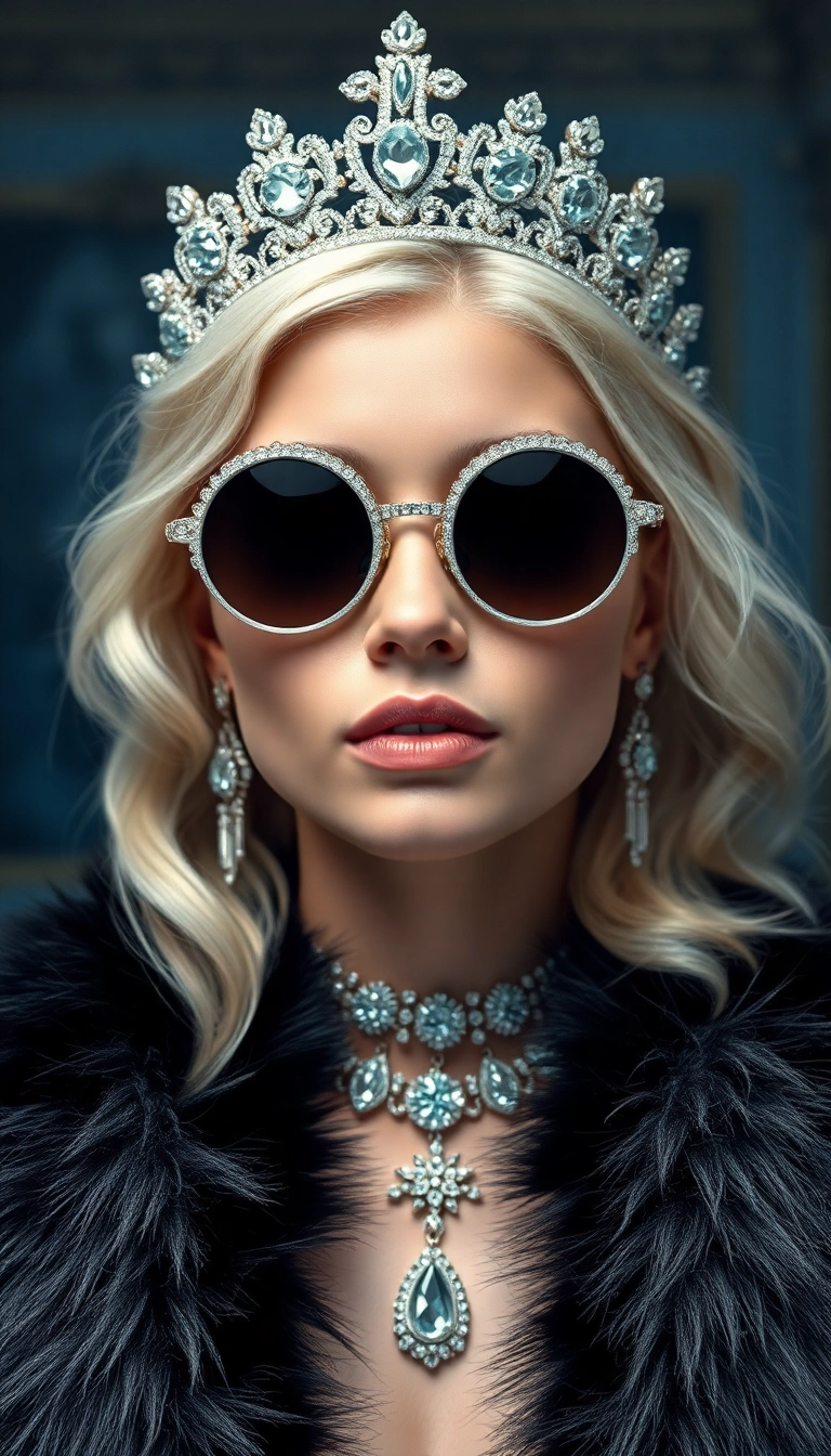 iPhone Awesome AI Young Platinum Blonde Queen in Black Fur Sleek Background Pic